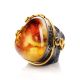 Bold Handcrafted Cocktail Ring With Cognac Amber In Gold-Plated Silver The Sirena, Ring Size: Adjustable, image , picture 4