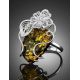 Bold Designer Green Amber Ring In Sterling Silver The Dew, Ring Size: Adjustable, image , picture 2