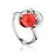 Floral Silver Ring With Reconstructed Coral Centerpiece The Kalina, Ring Size: 8 / 18, image 