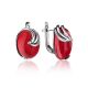 Oval Silver Earrings With Red Reconstructed Coral, image 