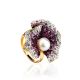 Bold Gold-Plated Floral Ring With Purple Crystals And Cultured Pearl The Jungle, Ring Size: 9 / 19, image 