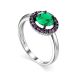Silver Ring With Round Synthetic Emerald Centerstone And Purple Crystals, Ring Size: 8.5 / 18.5, image 