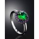 Silver Ring With Round Synthetic Emerald Centerstone And Purple Crystals, Ring Size: 8.5 / 18.5, image , picture 2