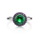 Silver Ring With Round Synthetic Emerald Centerstone And Purple Crystals, Ring Size: 8.5 / 18.5, image , picture 4