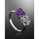 Sterling Silver Floral Ring With Bright Amethyst And White Crystals, Ring Size: 8.5 / 18.5, image , picture 2