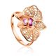 Golden Cocktail Ring With Crystals And Pink Enamel, Ring Size: 8.5 / 18.5, image 
