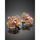 Golden Floral Earrings With Crystals And Pink Enamel, image , picture 2