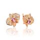 Golden Floral Earrings With Crystals And Pink Enamel, image 