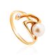 Twisted Golden Ring With Pearl And White Crystal, Ring Size: 7 / 17.5, image 