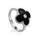 Black Enamel Four Petal Silver Ring With Diamond The Heritage, Ring Size: 8 / 18, image 